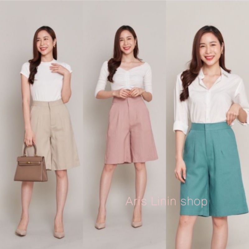 กางเกงลินินขา3ส่วนเอวสูงทรงเอซิปหน้ามีกระเป๋าทั้ง2ข้างด้านหลังสม็อก