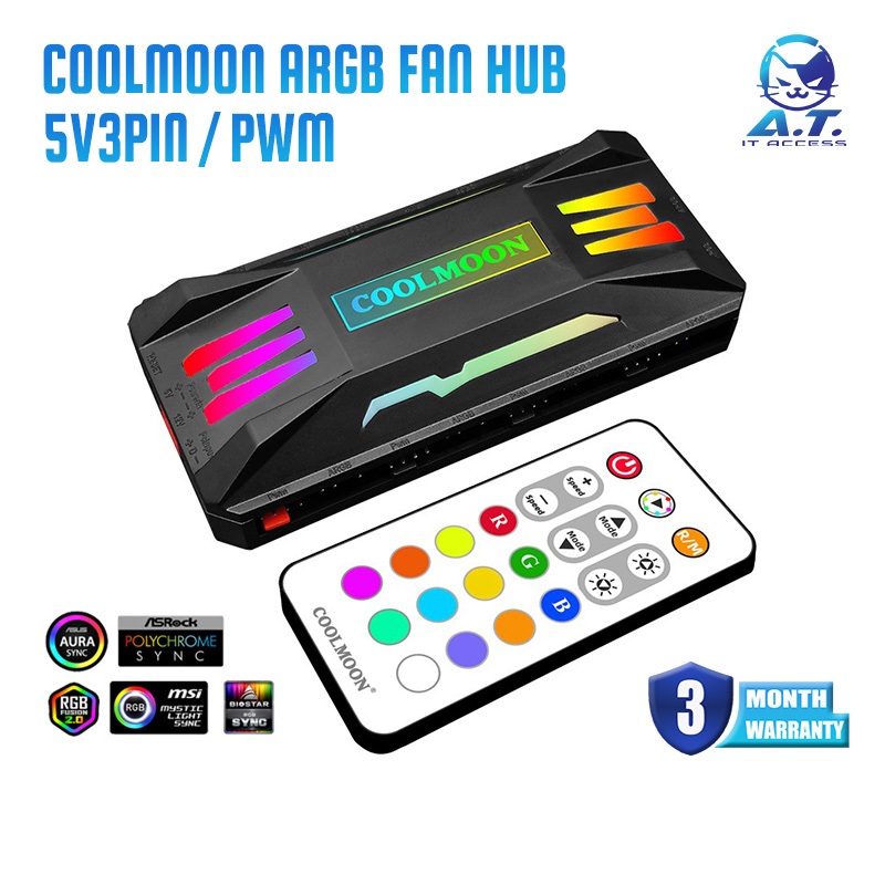 🌜⚡ Coolmoon ARGB Fan Hub 4pin pwm / 5v argb with remote ⚡🌜