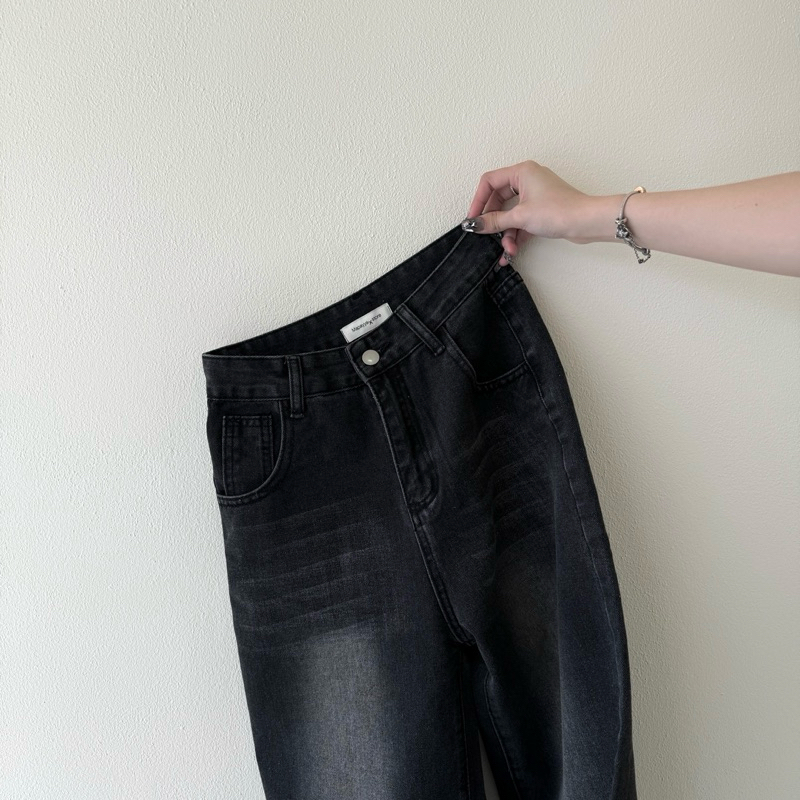Mapayyaxstore : กางเกงยีนส์ Black jeans ยีนส์สีดำฟอกทรงขากระบอกใหญ่