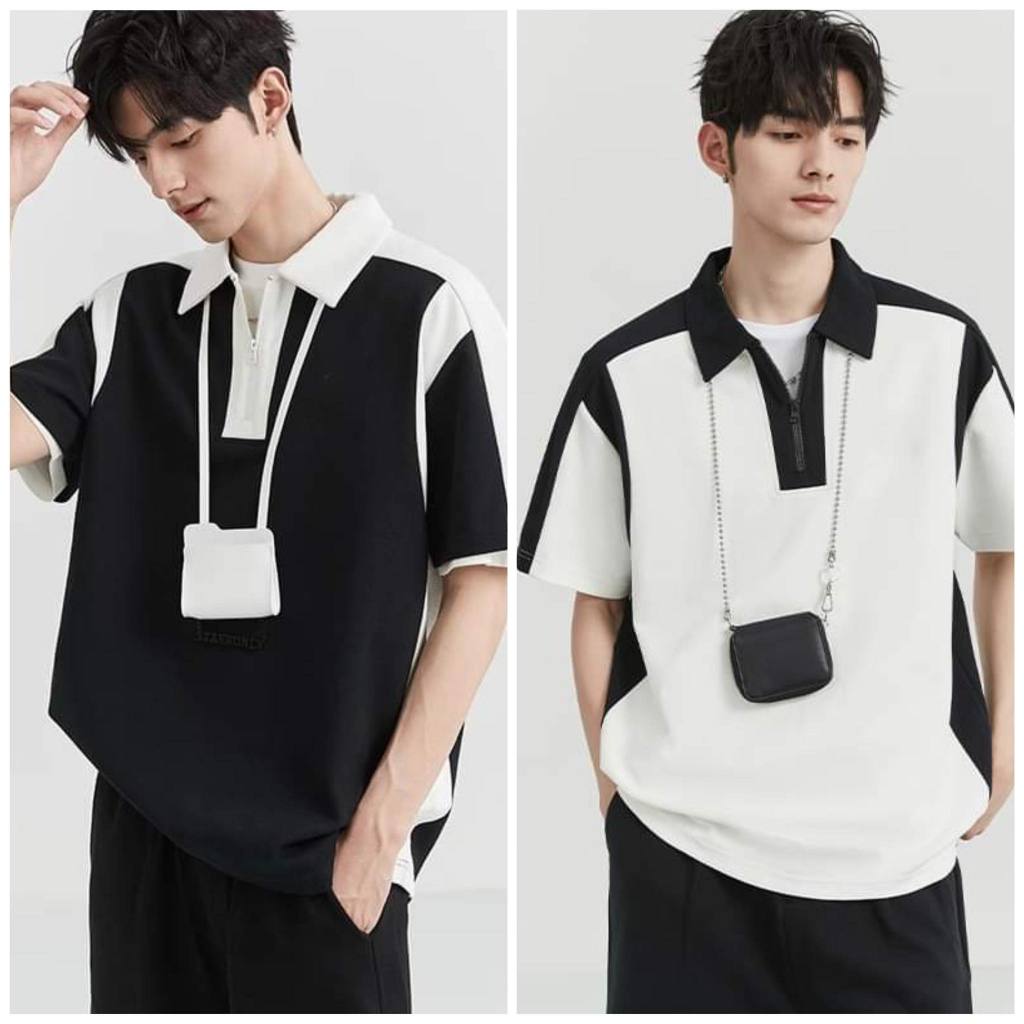 StylePop เสื้อโปโลผู้ชาย คอปก ทรงเกาหลี BLACK n WHITE Short Polo A87