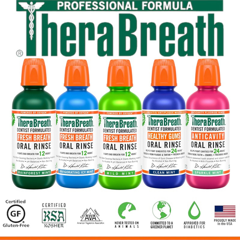 ของแท้นำเข้า🇺🇸 TheraBreath น้ำยาบ้วนปาก สูตรปราศจากแอลกอฮอล์ 12-Hour Fresh Breath Oral Rinse, Mild Mint, 16.0 fl oz