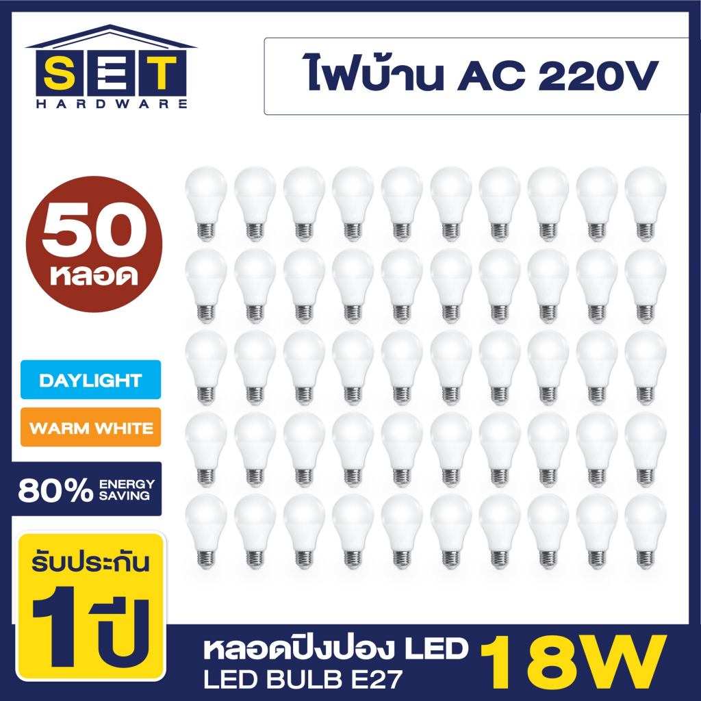 ชุด 50 หลอด หลอดไฟ LED 18W แสงสีขาว/แสงสีวอร์ม หลอดไฟแอลอีดี หลอดปิงปอง ทรงกลมขั้วเกลียว E27 ใช้ไฟบ้าน 220V led
