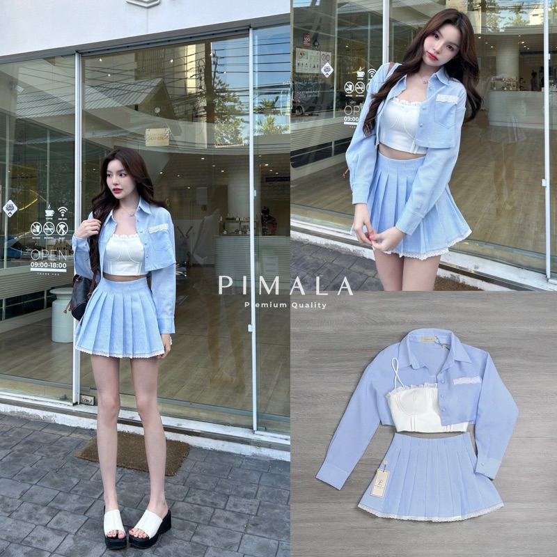 Pimala Brand SET3ชิ้น เสื้อเชิ้ตแขนยาวทรงน่ารักมากกระเป๋าเสื้อมีแต่งขอบลูกไม้เกาหลีเกาใจ