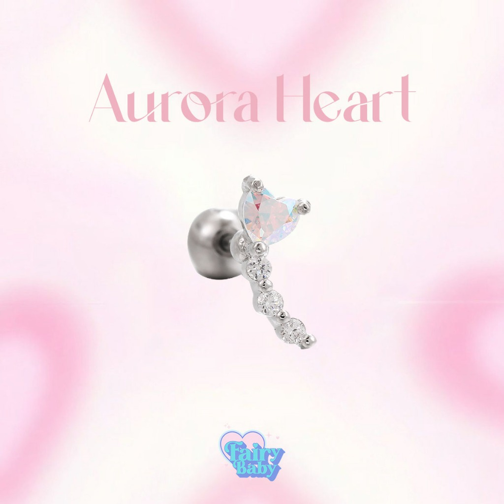 Fairybaby จิว Aurora Heart จิวหู หัวใจ โฮโลแกรม เล่นแสง ก้านเกลียว จิวต่างหู สีเงิน ตุ้มหู เครื่องประดับ แฟชั่น (J1-007)