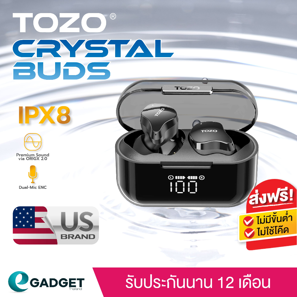 (ประกันศูนย์ไทย1ปี) TOZO Crystal Buds หูฟังบลูทูธ In-Ear IPX8 หูฟังไร้สาย truewireless Bluetooth 5.3