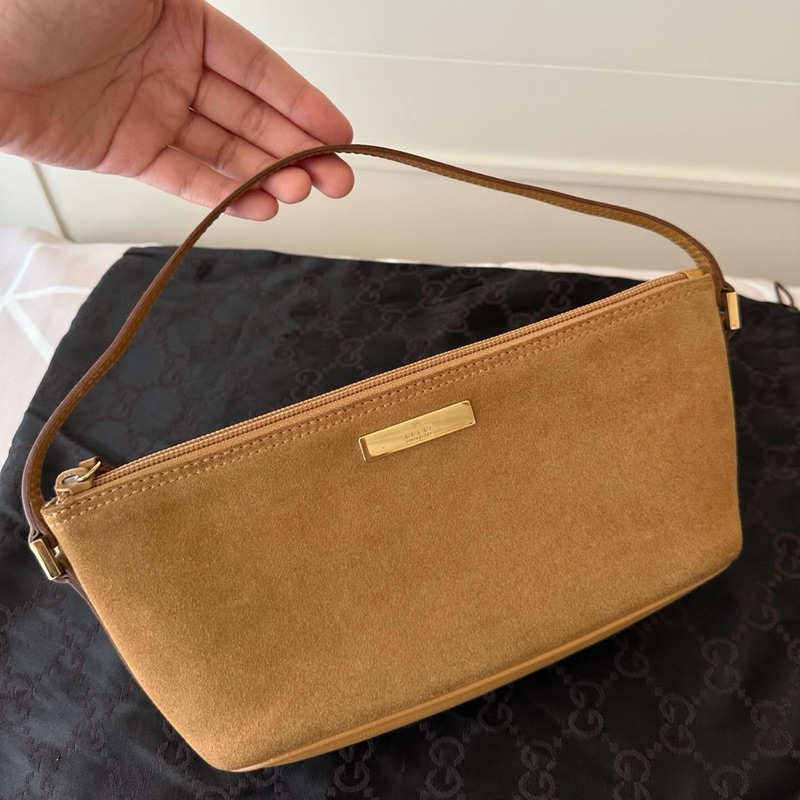 Gucci Brown Boat Suede Baguette Light brown- Gucci pouch