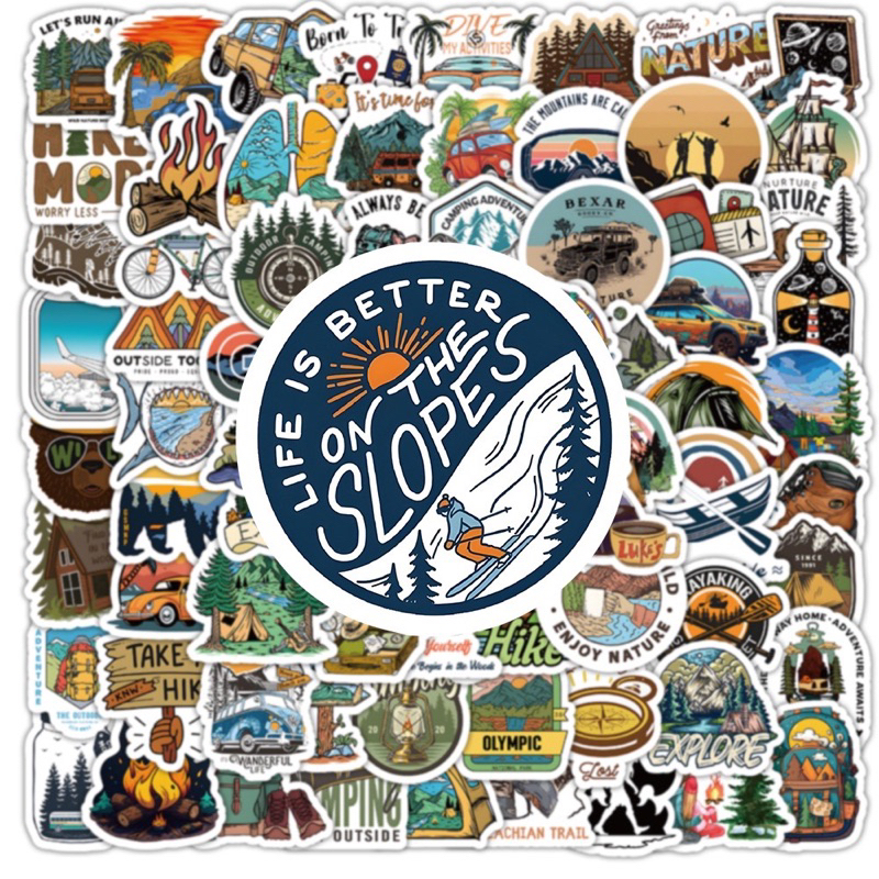 สติ๊กเกอร์ camping 707 แคมป์ปิ้ง 100ชิ้น เต็นท์ เดินป่า แคมปิ้ง ตั้งแคม แคมป์ outdoor เดิน ป่า ท่องเที่ยว cam ping