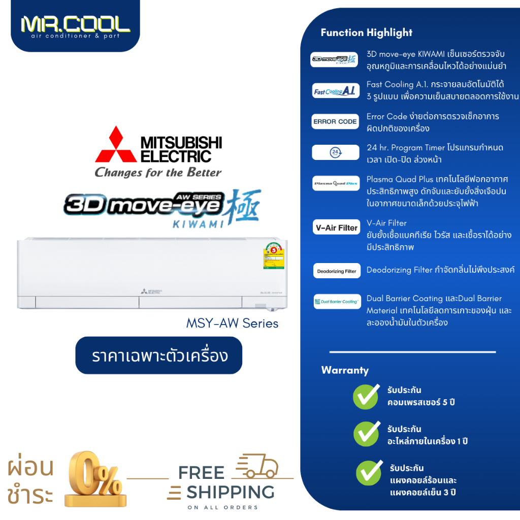 ส่งฟรี แอร์ Mitsubishi (มิตซูบิชิ) รุ่น 3D Move Eye KIWAMI ( MSY-AW ) เฉพาะตัวเครื่อง
