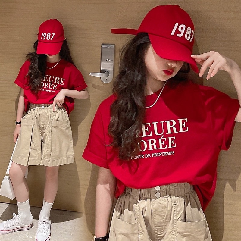 เสื้อยืดแฟชั่นเด็ก สีแดงสด งานสวยใส่สบาย มาใหม่ JP2403-B