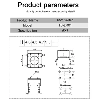 (5 ชิ้น) สวิตช์ กดติด ปล่อยดับ 6x6 TS-D001 Panel PCB On Off Momentary Tactile Tact 4 Pin Push Button Switch DIP Reset