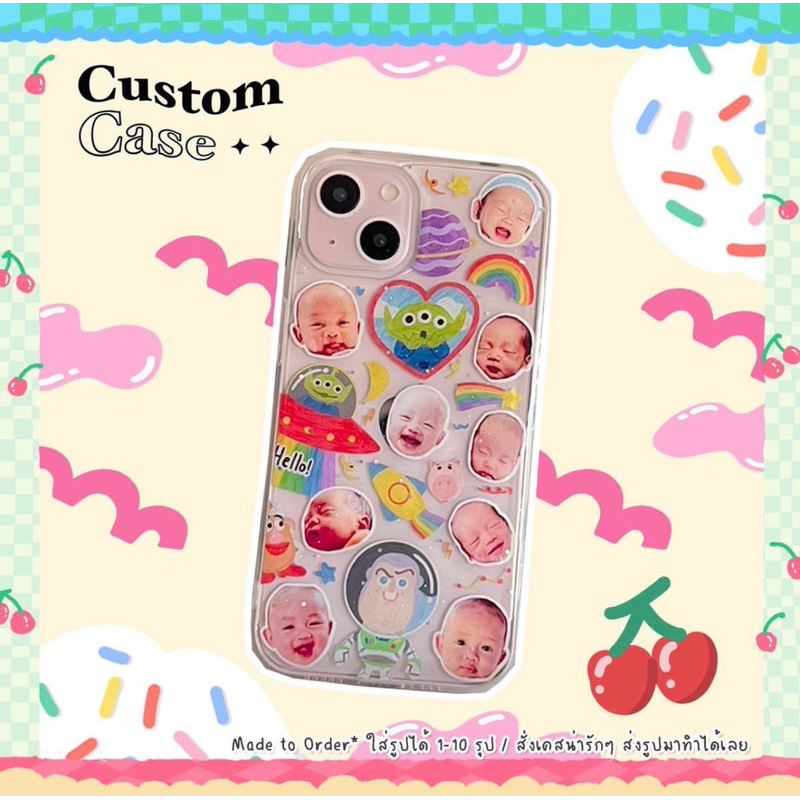 Custom case (พื้นใส / พื้นกลิตเตอร์บาง / กลืนเตอร์แน่น) เคสใส่รูป ส่งรูปตัวเองมาทำได้เลย 1-6 รูป เลือกลายตกแต่งได้