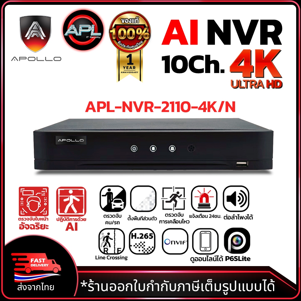 Apollo รุ่น APL-NVR-2110-4K/N เครื่องบันทึกกล้องวงจรปิด CCTV NVR 10Ch. มี AI ตรวจดจับใบหน้า ละเอียด 4K รองรับกล้อง 8MP