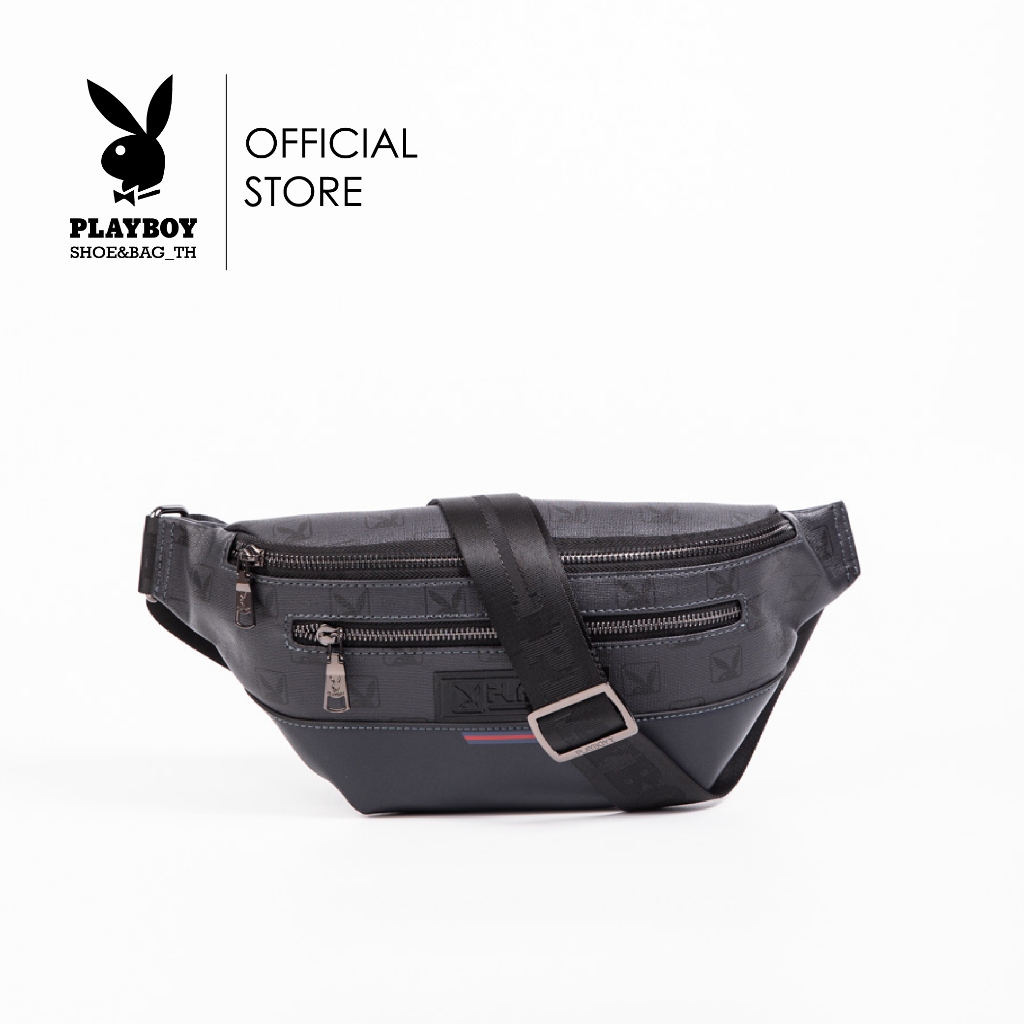 Playboy กระเป๋าคาดอกคาดเอวผู้ชาย ลิขสิทธิ์แท้ รุ่น ST-B241PBM263-BL ดีไซน์สกรีนโลโก้ ตัวlogoแบรนด์ยาง สีกรม