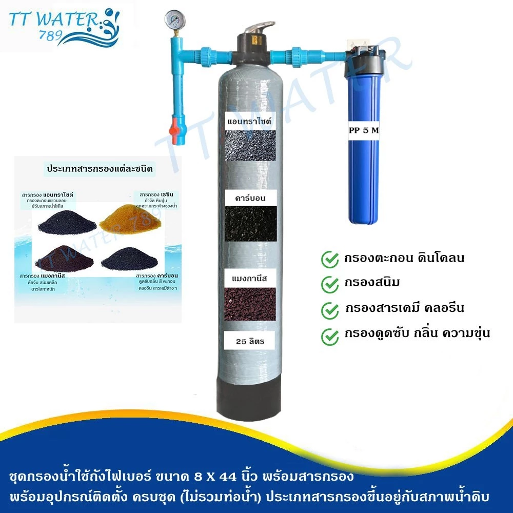 TT WATER ชุดกรองน้ำใช้ถังกรองไฟเบอร์ 8x44" 1 ถัง + กระบอกกรอง 20 นิ้ว พร้อมสารกรอง อุปกรณ์ กรองน้ำประปา/น้ำบ่อ/น้ำบาดาล