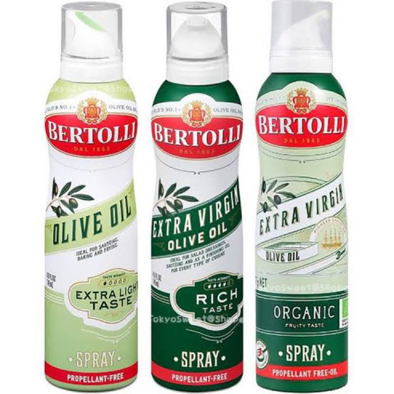 Bertolli olive oil spray organic/ extra virgin/ 130-140ml. สเปรย์น้ำมันมะกอก 3 สูตร นำเข้า fl แท้