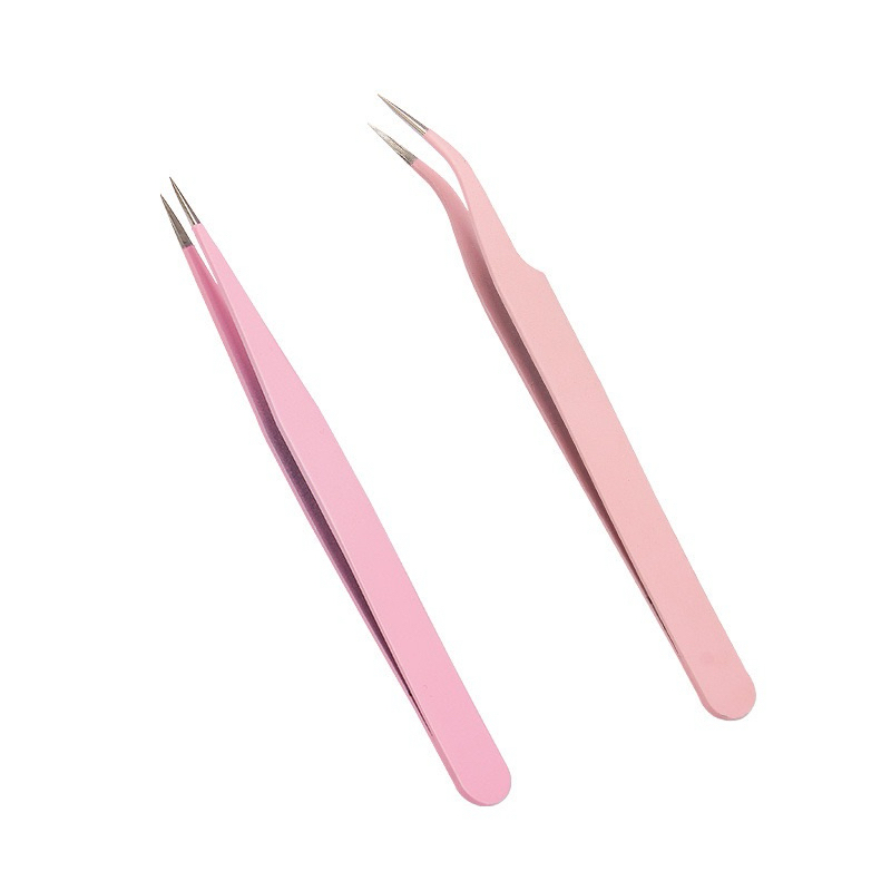 แหนบหัวตรง+งอ ที่คีบอุปกรณ์ diy ด้ามสีชมพู (2 ชิ้น)