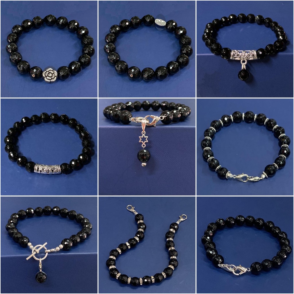 สร้อยข้อมือหินแท้ธรรมชาติ นิลดำแท้คัดเกรดพรีเมี่ยมAAAหรูเม็ดใหญ่พิเศษ12mm Black Onyx Faceted (ตัวคั่นเงินธิเบตลงดํา OX)