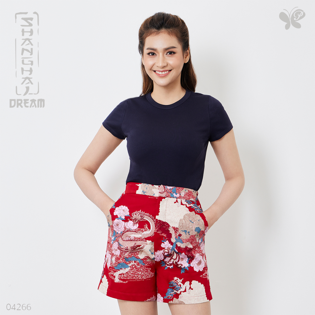 Woman Shanghai Dream Shorts - Mythical Tale กางเกงขาสั้นทรงเอพิมพ์ลายมังกรหงส์ เนื้อนุ่มใส่สบายด้วยเนื้อผ้า Cotton Satin