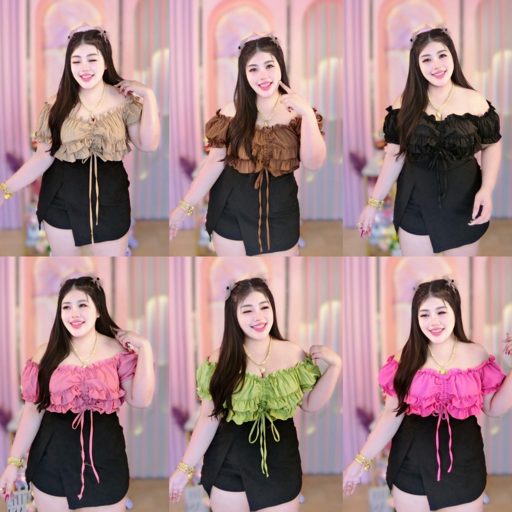 NT650 เสื้อครอปขนมชั้นระบายรูดหน้าแขนตุ๊กตา อก36-46”