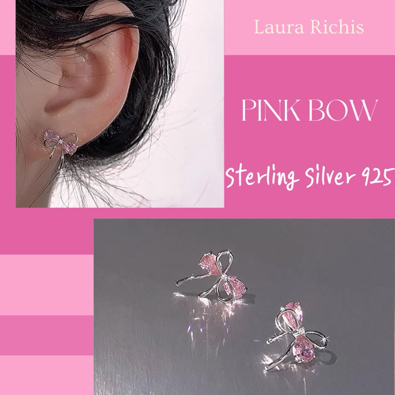 ต่างหูเงินแท้ / เงินแท้ 100% / โบว์สีชมพู / ต่างหูโบว์/ Luara Richis / ต่างหูเงินS925 / Pink Bow