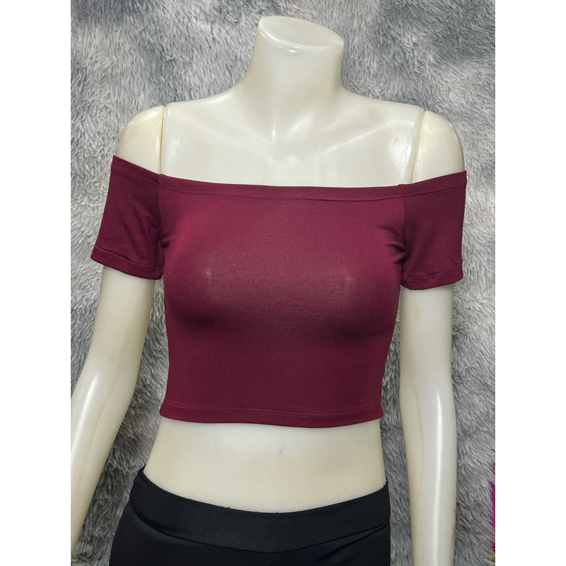 Sns220🌟เสื้อครอป🌟ปาดไหล่🌟แขนสั้น🌟ผ้าเรย่อน🌟 - รูปที่ 2