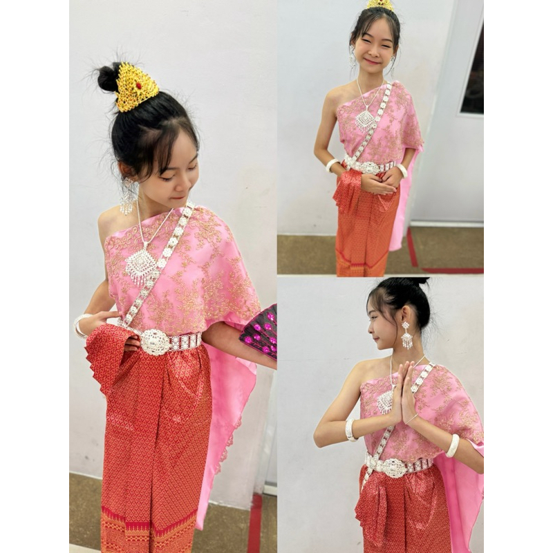 ชุดไทยเด็กผู้หญิงสีชมพู สไบลูกไม้เกรดดี 2 ชั้น เย็บเกาะอกใส่ง่าย ไม่คัน💖💞ถ่ายจากสินค้าจริงทุกชุด