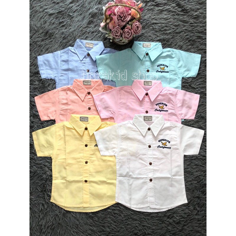 เสื้อเชิ้ตเด็กผ้าOxfordแขนสั้นคอปก1-10ขวบS-4XLพร้อมส่ง มีเก็บเงินปลายทาง