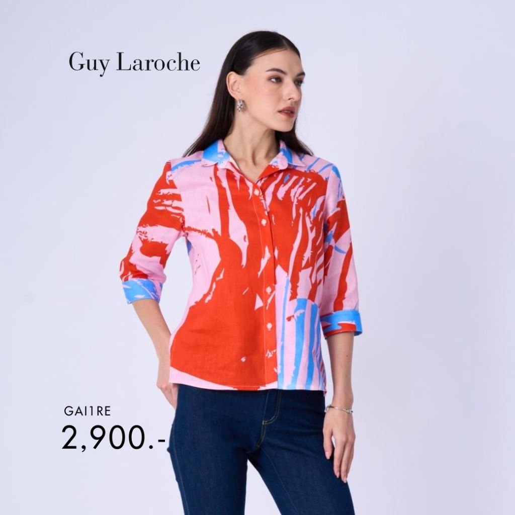 Guy laroche เสื้อเชิ้ตผู้หญิงไลท์ ลินิน คอรอล รีฟ แขนสามส่วน แดง (GAI1RE)