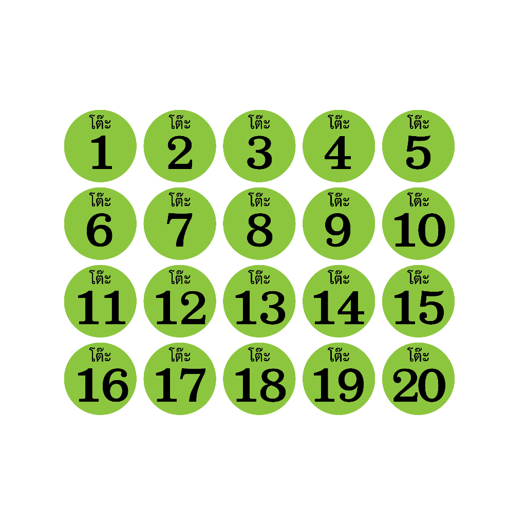 สติ้กเกอร์กันน้้ำ ติดโต๊ะ, เบอร์โต๊ะ (ป้ายเลขโต๊ะ 1-20) สีเขียวเลขดำ 1 แผ่น ได้รับ 20 ดวง [รหัส A-106] - รูปที่ 2