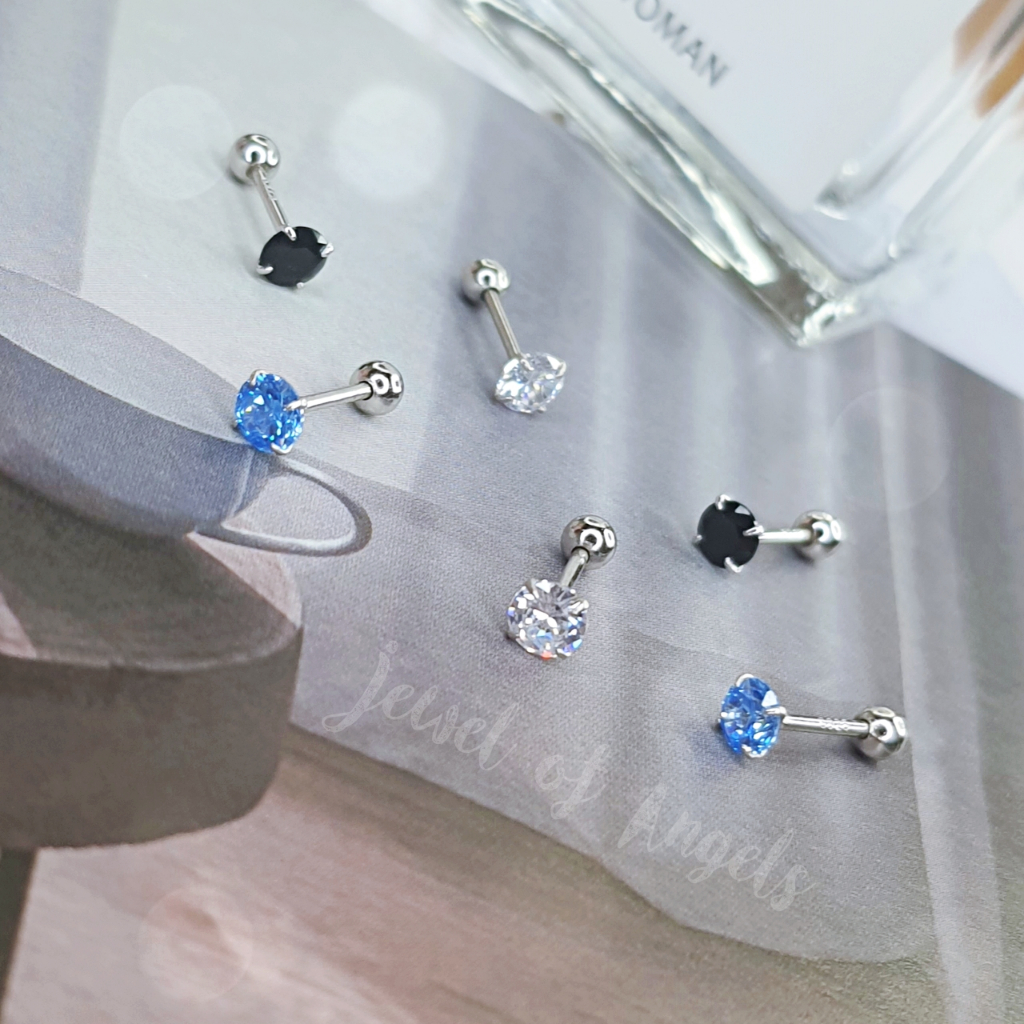 ต่างหูเงินแท้ S925 รุ่น Ice ต่างหูก้านเสียบจิวกลม เพชรCZ แป้นหลังบอลกลม สีขาวใส สีดำ สีฟ้า