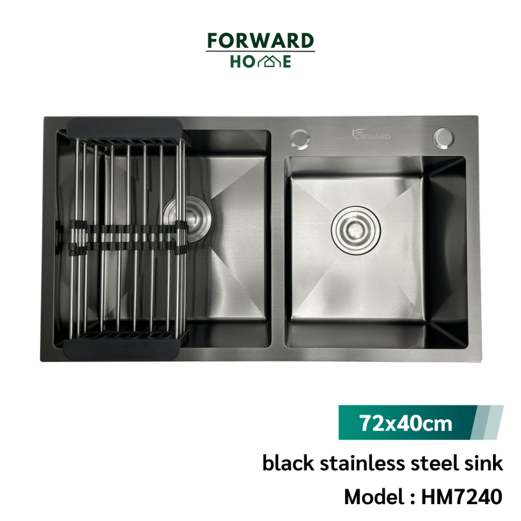 Forward ซิงค์ล้างจาน อ่างล้างจาน 2หลุม วัสดุสแตนเลส เคลือบนาโนสีดำ ขนาด72x40ซม. black sink handmade 