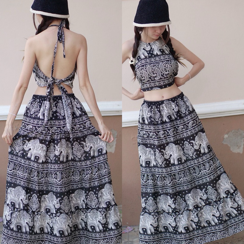 ชุดเซ็ท กระโปรง+เสื้อผูกหลัง ลายช้าง ชุดเที่ยวทะเล ผลิตจากไทย (คละลายช้าง)