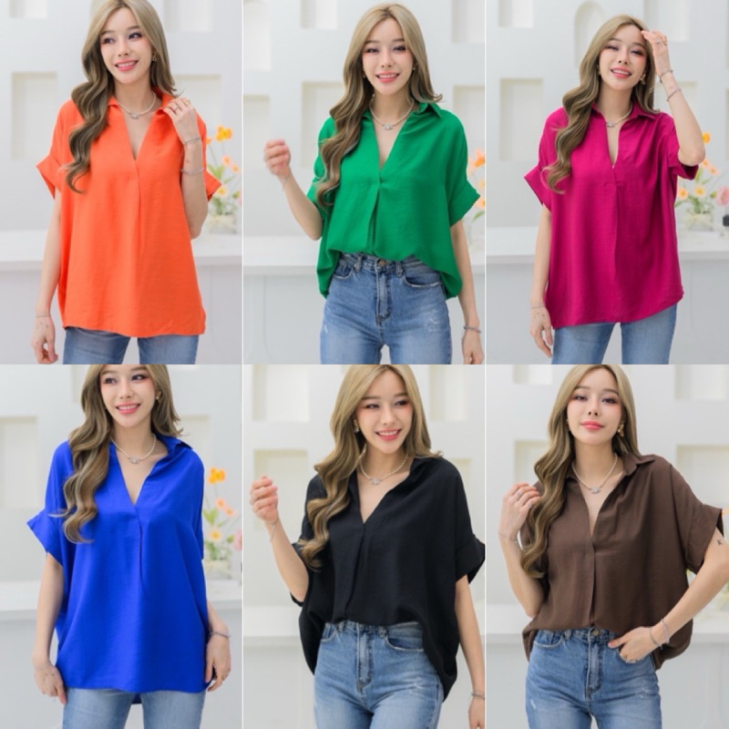 เสื้อเชิ้ตคอวีแขนเบิ้ล ทรงoversize เนื้อผ้าสลาฟ อกใหญ่