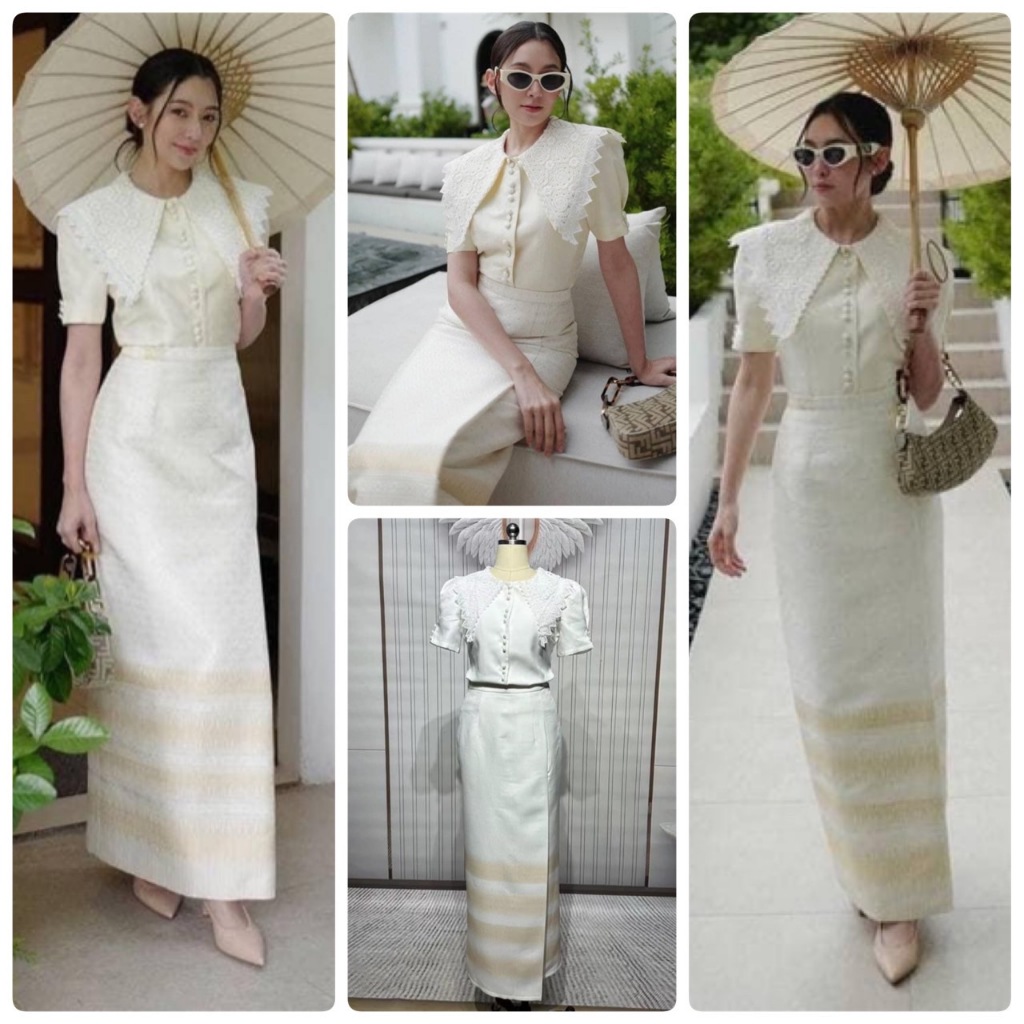 CLT ชุดไทยประยุกต์ ชุดไทยสีขาวแบบเบลล่าใส่ set 2 ชิ้น เสื้อคอปกลูกไม้ขาว+ผ้าถุงลายไทยสีขาว สวยเรียบหรู ดูแพงมาก