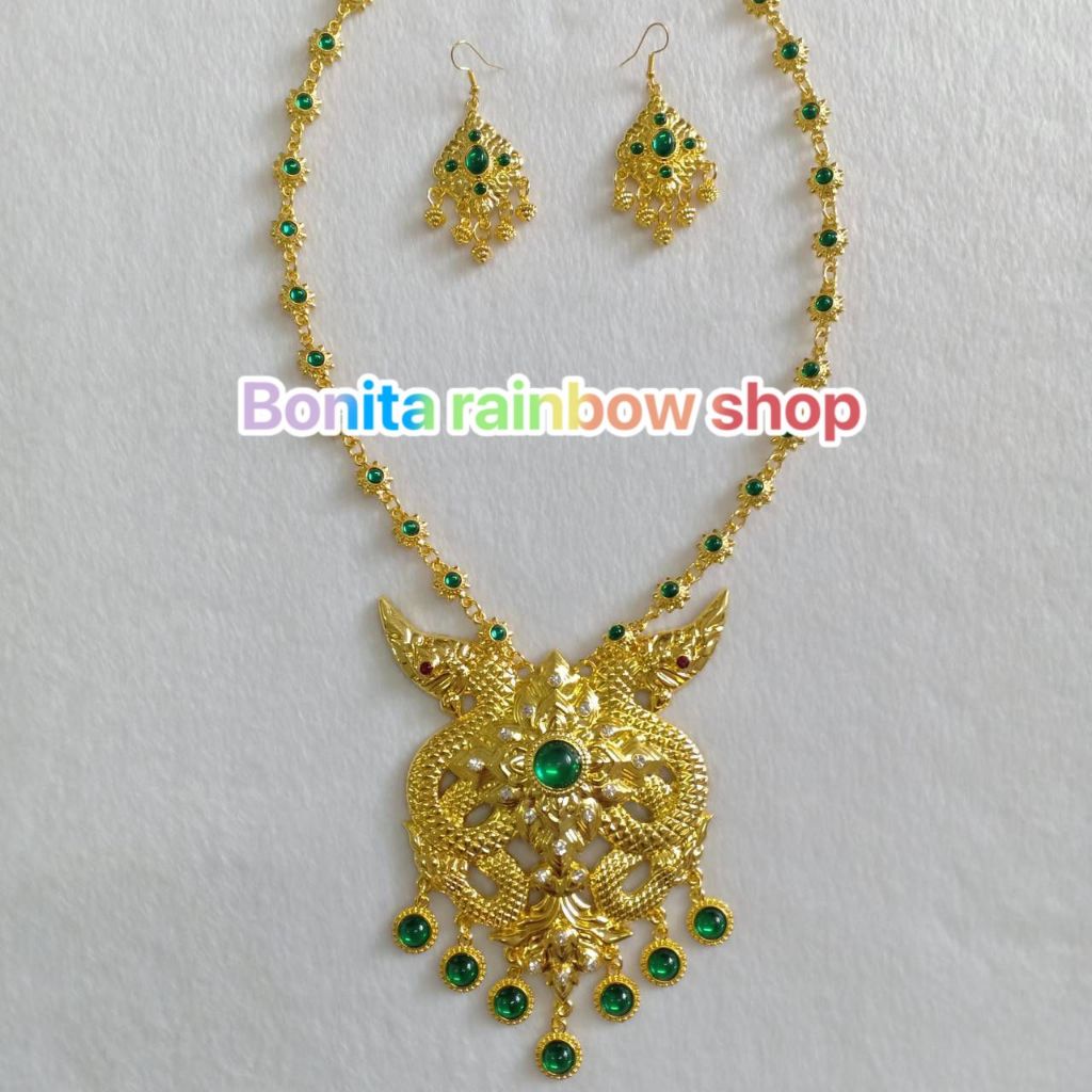 เครื่องประดับชุดไทยพญาคสีทองพลอยเขียว เซ็ท 6 ชิ้น รุ่นPY34001 (แบบแยก)