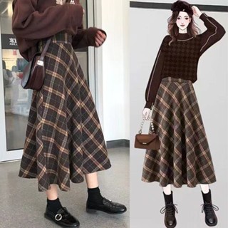 ✿✿✿2026 กระโปรงลายสก๊อตขนสัตว์ใหม่ กระโปรงทรง A ยาวปานกลางสไ…