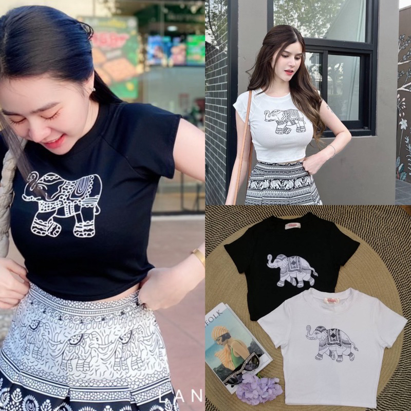 เสื้อครอป ลายช้าง เสื้อครอปช้าง มาแรงสุดๆ เนื้อผ้าเรย่อนอย่างดี ทรงสวยเป้ะ