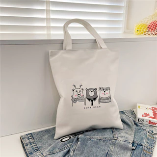 กระเป๋าผ้ามีซิป กระเป๋าเคียง ถุงผ้าชอปปิ้ง สกรีนลายมินิมอล 33*38 ซม.ใส่ของได้เยอะ ทรงโท้ท