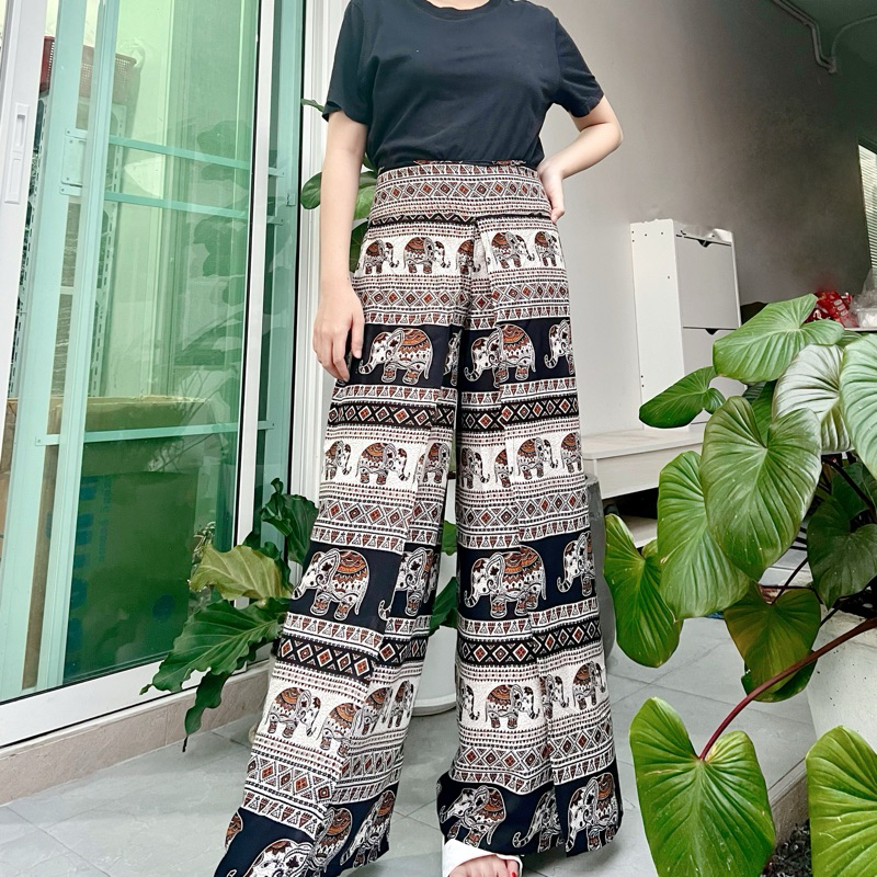 [งานไทย🇹🇭]กางเกงเเพนเค้กลายช้าง ขนาดFREE SIZE กางเกงสม็อคเอวด้านหลังใส่สบาย