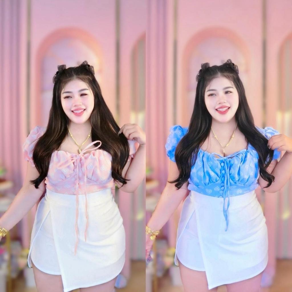 NT684 เสื้อตุ๊กตาจัสการ์ดอัดลาย สาวอวบ