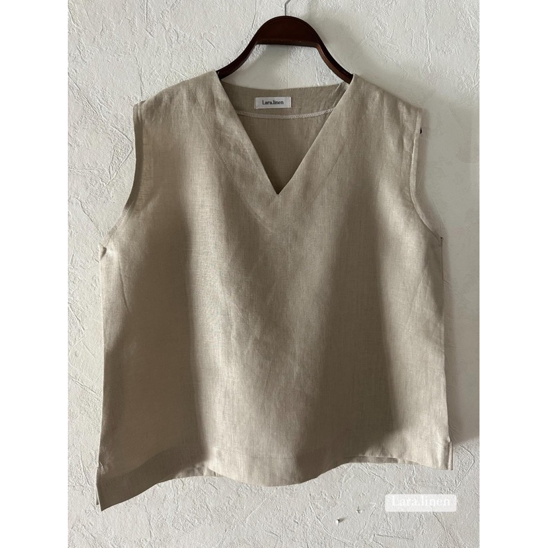 เสื้อลินิน100%คอวีแขนกุด