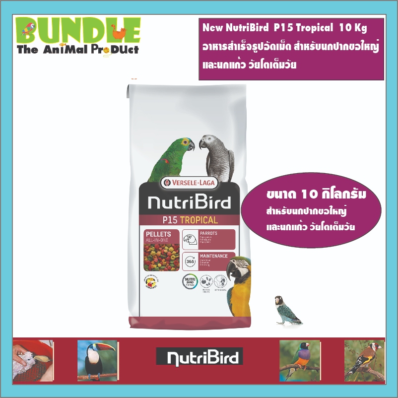 New NutriBird  P15 Tropical  10 Kg   อาหารสำเร็จรูปอัดเม็ด สำหรับนกปากขอใหญ่ และนกแก้ว วัยโตเต็มวัย