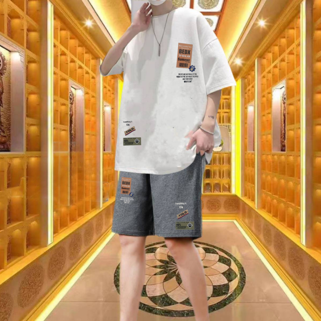 ชุดเสื้อยืดแขนสั้นใส่เที่ยวสงกรานต์+กางเกงขาสั้นสกรีนลายเท่ๆ เสื้อผ้าคอตตอนยืดใส่สบายสีไม่ตก (รหัส 2020 กางเกงสีเทา)