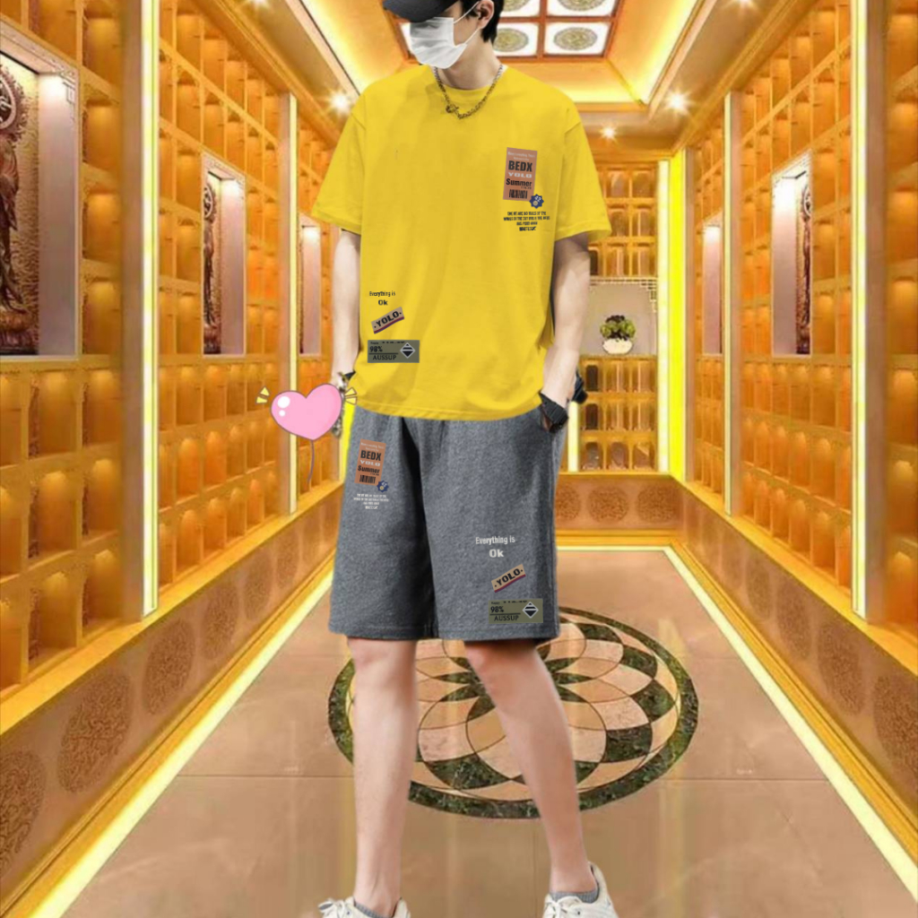 ชุดเสื้อยืดแขนสั้นใส่เที่ยวสงกรานต์+กางเกงขาสั้นสกรีนลายเท่ๆ เสื้อผ้าคอตตอนยืดใส่สบายสีไม่ตก (รหัส 2020 กางเกงสีเทา)