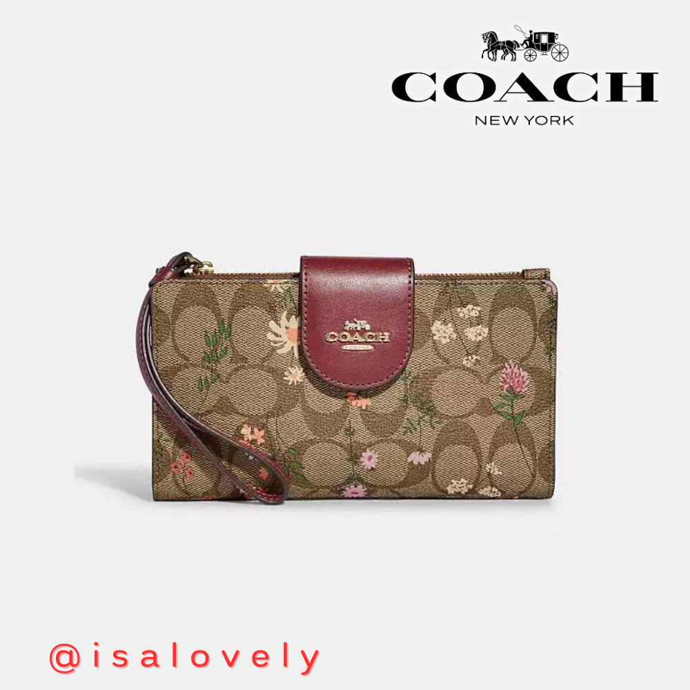 📌Isa Lovely Shop📌  COACH C8729 TECH WALLET IN SIGNATURE CANVAS WITH WIlD FLOWER PRINT Color: IM/KHAKI MULTI