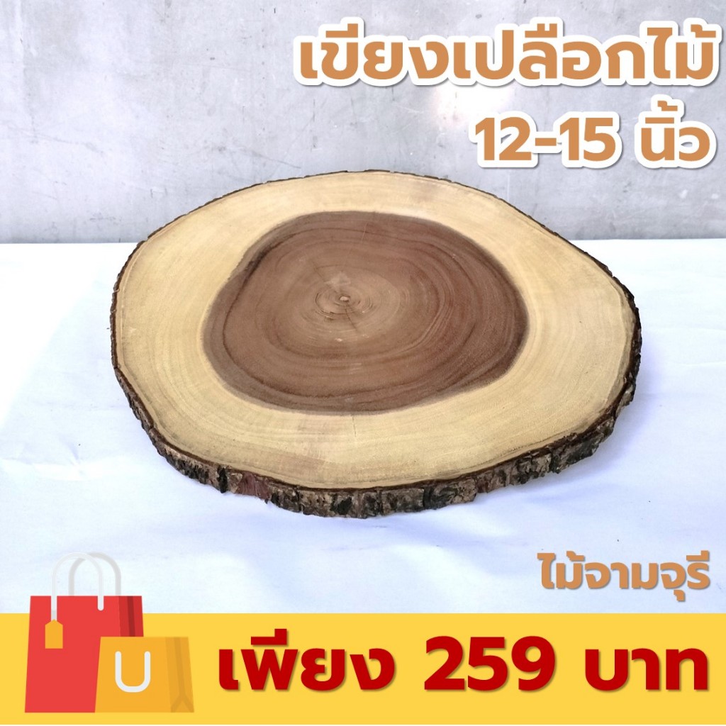 เขียงเปลือกไม้ กลม ขนาด 12-15 นิ้ว ไม้จามจุรี เกรด A ส่งตรงจากโรงงาน [ออกใบกำกับภาษีได้]