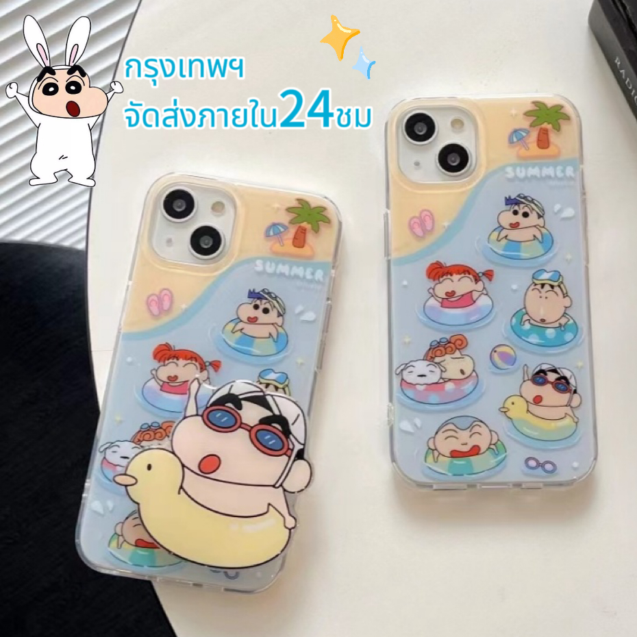 จัดส่งภายใน24ชม ติดกาว ขาตั้ง การ์ตูน เครยอนชินจัง ว่ายน้ำ iphone 15 11 14 pro max สีฟ้า น่ารัก case for iPhone 12 13