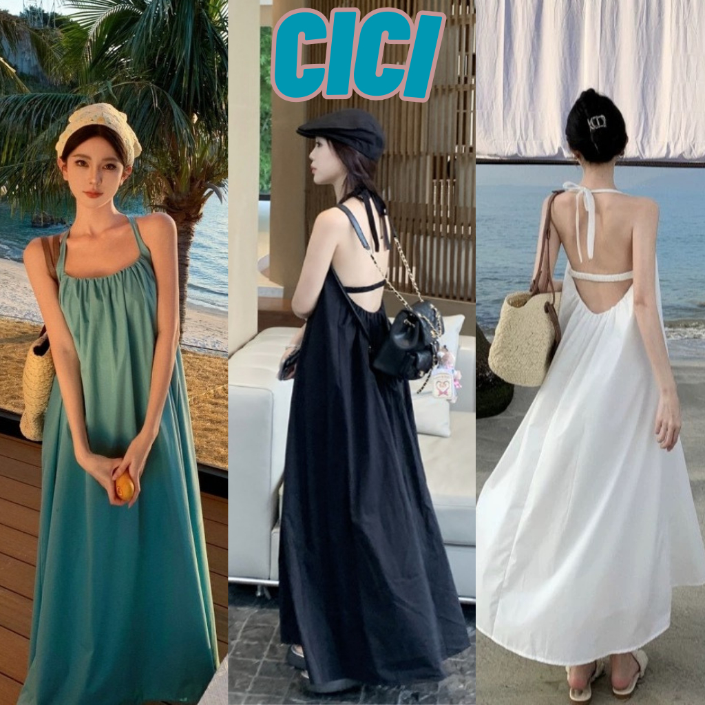 ส่งทันที Cici(NO. New3212)ชุดเดรสคล้องคอกระโปรงยาว ดีเทลสายสม๊อกคลัง เหมาะสำหรับช่วงซัมเมอร์ สไตล์ฝรั่งเศษ