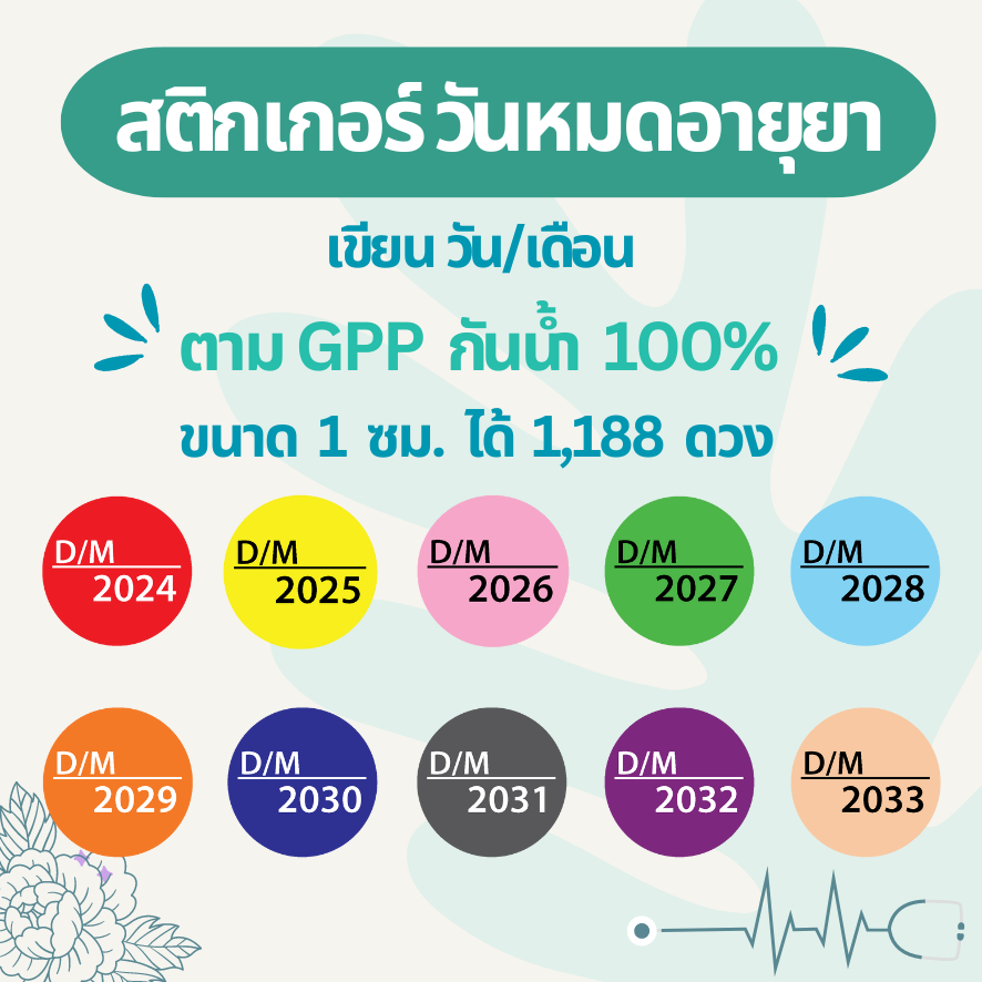 สติกเกอร์กันน้ำ 100% ชุด สติกเกอร์สี เขียนวัน/เดือน หมดอายุ ปีหมดอายุ ร้านยา GPP ขนาด 1x1 ซม ได้ 1188 ดวง