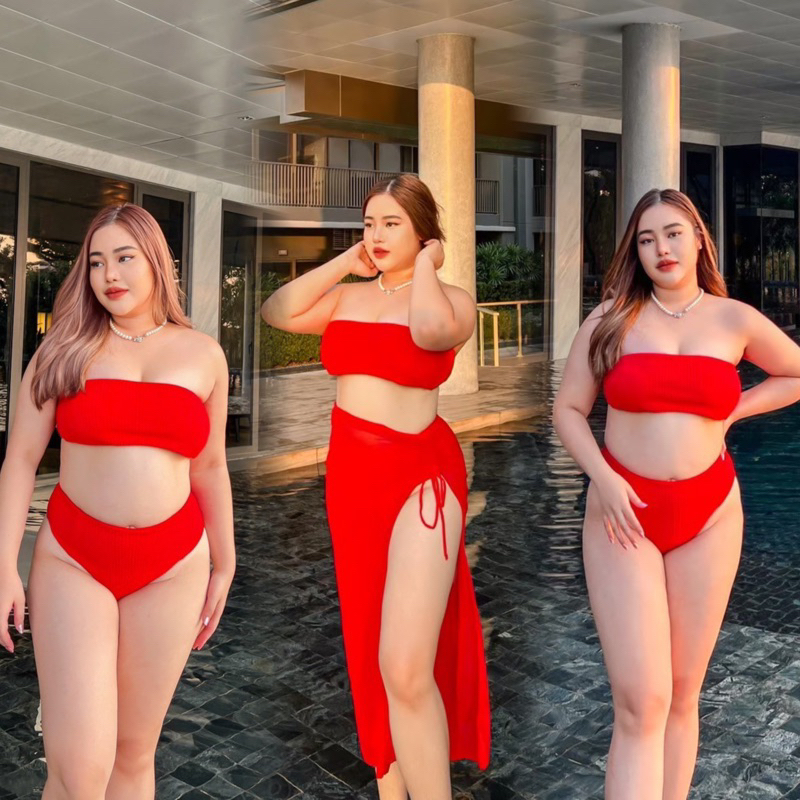 ชุดว่ายน้ำคนอ้วน สาวอวบ 3ชิ้น ชุดว่ายน้ำไซต์ใหญ่ L XLได้ทั้งชุด big size พร้อมส่งในไทย